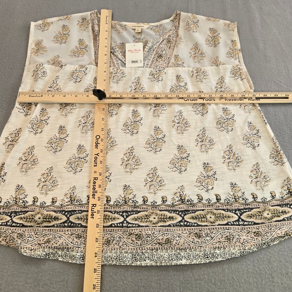 Lucky Brand Womens Floral Print Mixed Media Cap Sleeve Top Cream Large NWT - Picture 6 of 6